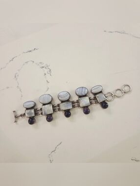 VTG Estate Sterling Silver Rainbow Moonstone Amethyst Blue Lace Agate Bracelet